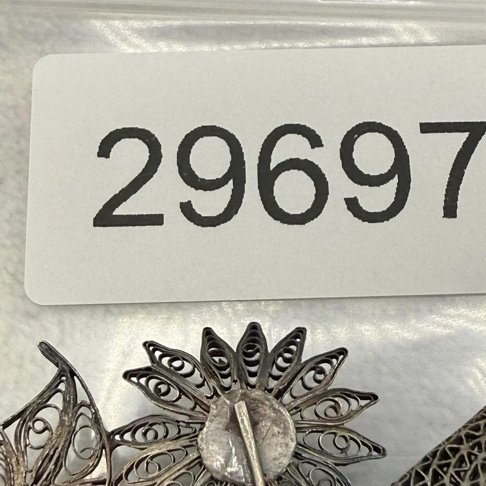 Vintage Spun Silver Brooch Silver Tone Filigree Sunflower Calla Lily Floral
